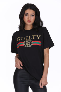 Black Glitter Guilty Slogan Top