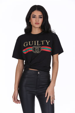 Black Glitter Guilty Slogan Top