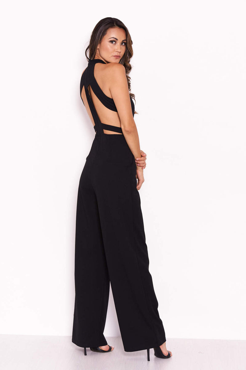 Black Sheer Paneled Jumpsuit With Cut Out Detailing