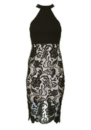 Black Halter Neck Lace Midi Dress