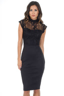 Black High Neck Lace Detail Midi Dress