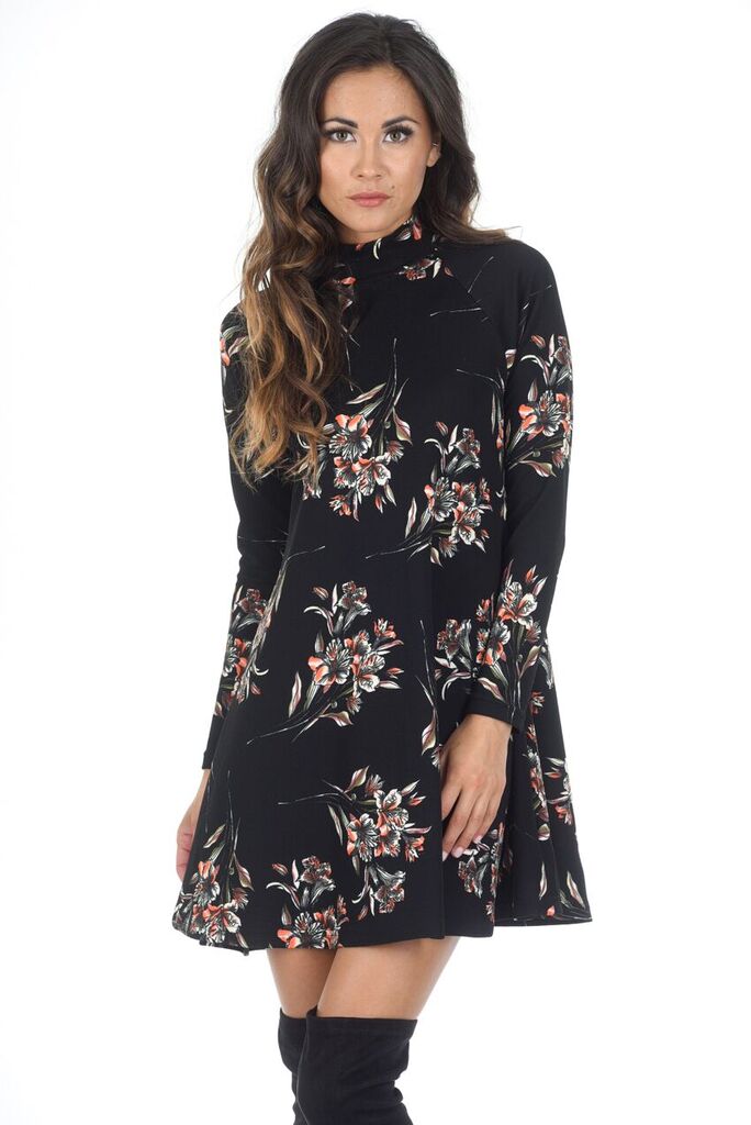 Black High Neck Long Sleeve Floral Dress – AX Paris