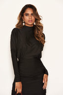 Black High Neck Long Sleeve Ruched Dress