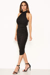 Black High Neck Ruched Bodycon Midi Dress