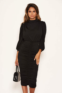 Black High Neck Ruched Midi Dress