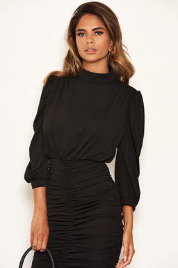 Black High Neck Ruched Midi Dress