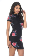 Black High Neck Floral Mini Dress