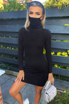 Black Jersey Long Sleeve Mask Bodycon Dress