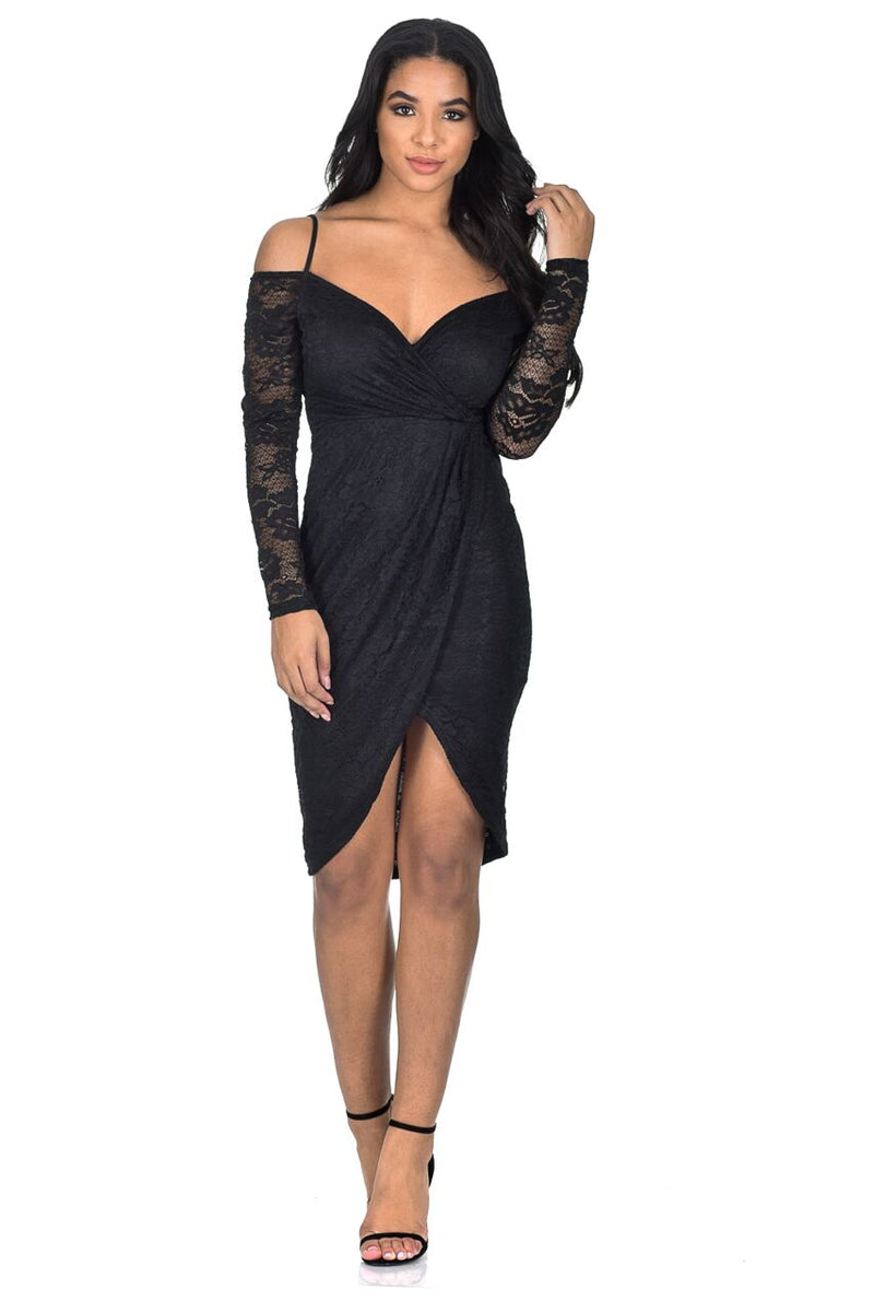 Black Lace Long Sleeved Wrap Dress