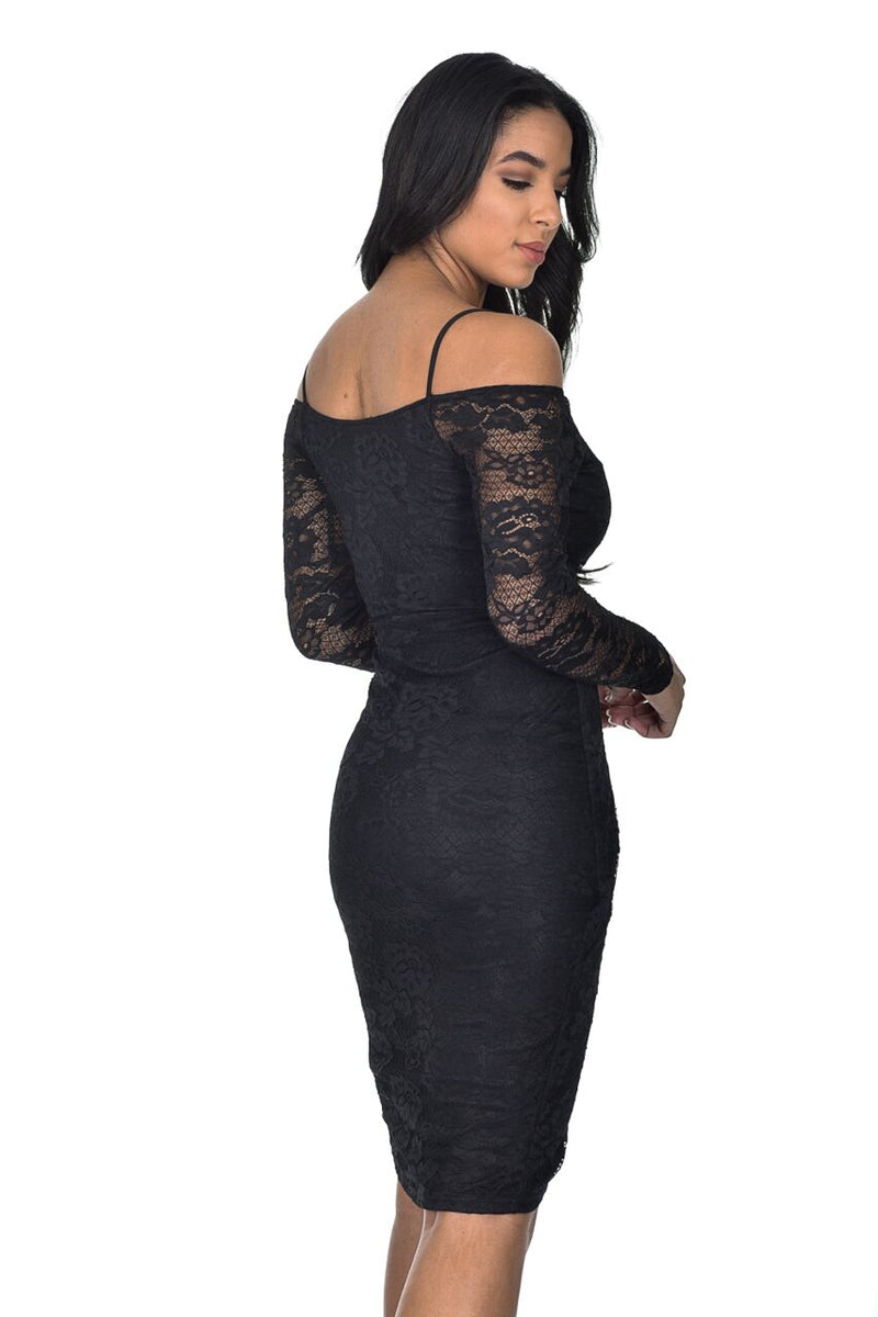 Black Lace Long Sleeved Wrap Dress