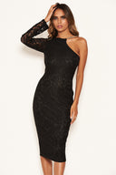 Black Lace One Shoulder Dress With Chain Detail