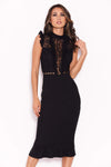 Black Lace Ruffle Hem And Sleeve Dress
