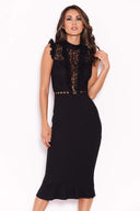 Black Lace Ruffle Hem And Sleeve Dress