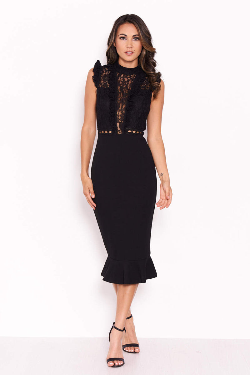 Black Lace Ruffle Hem And Sleeve Dress