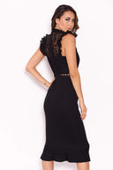 Black Lace Ruffle Hem And Sleeve Dress