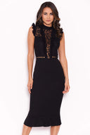Black Lace Ruffle Hem And Sleeve Dress