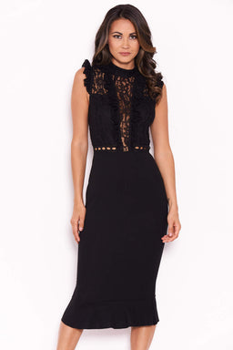 Black Lace Ruffle Hem And Sleeve Dress