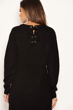 Black Lace Up Back Jumper Dress