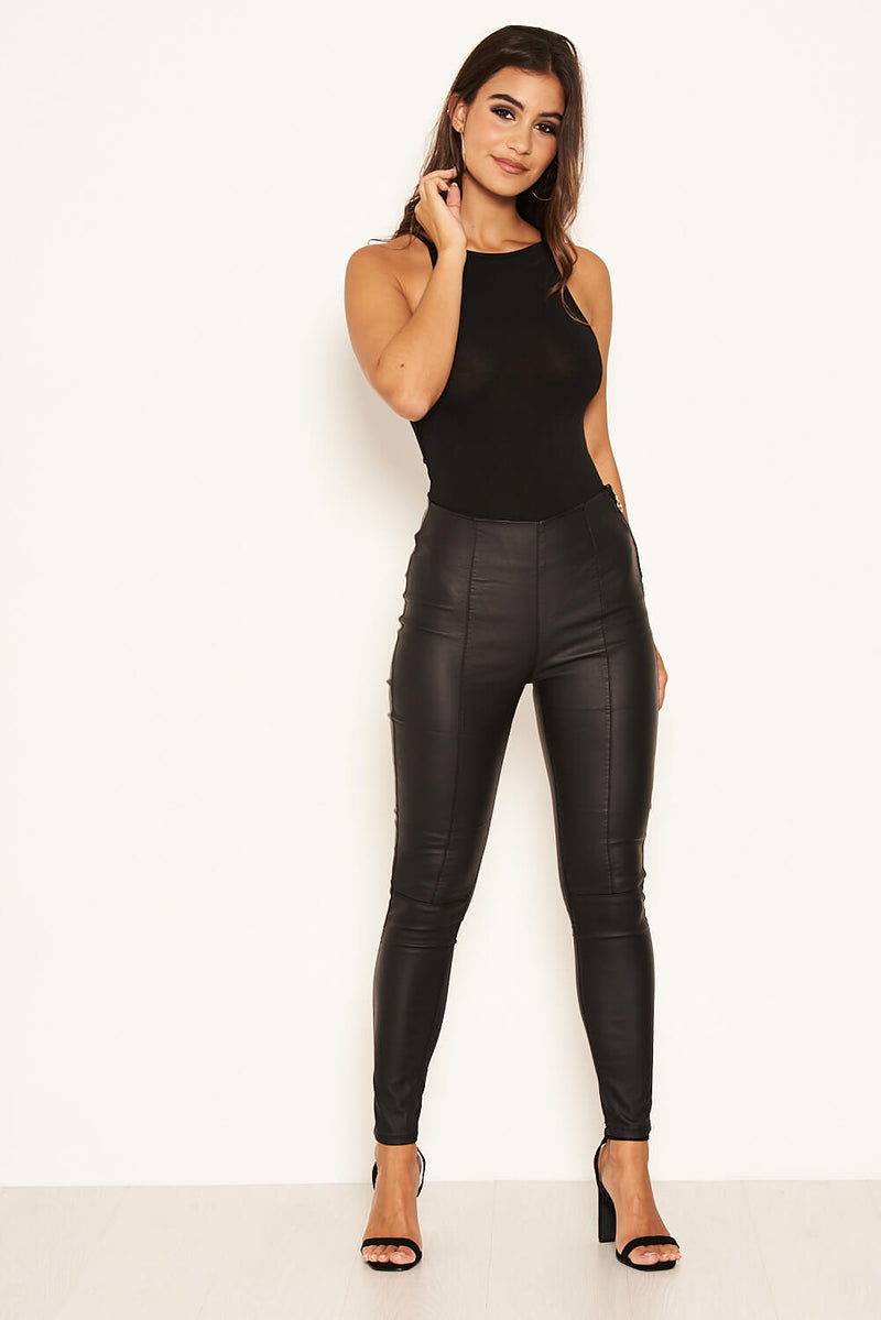 Black Faux Leather Leggings With Side Zip Detail