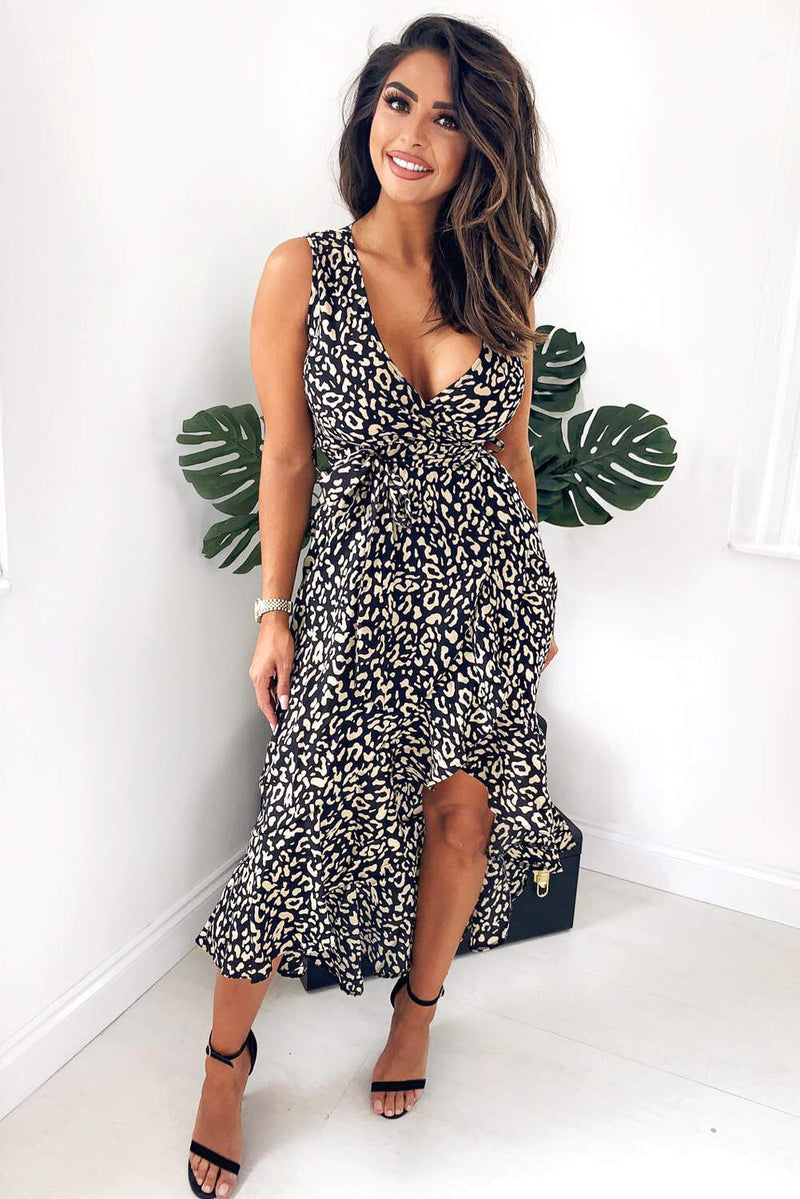 black and leopard print maxi dress Hour To Shine Leopard Lace Panel Maxi Dress