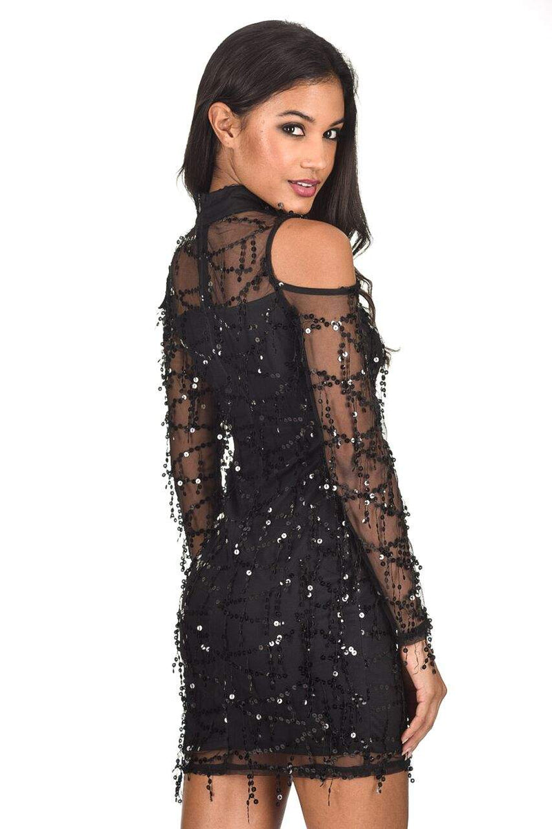 Black Long Sleeve Sequin Cut Out Dress