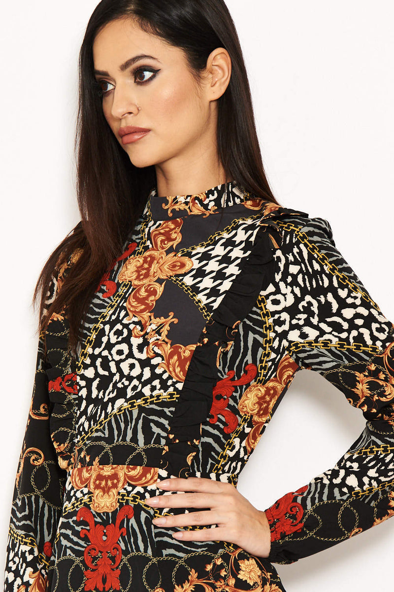 Black Long Sleeve Printed Day Dress