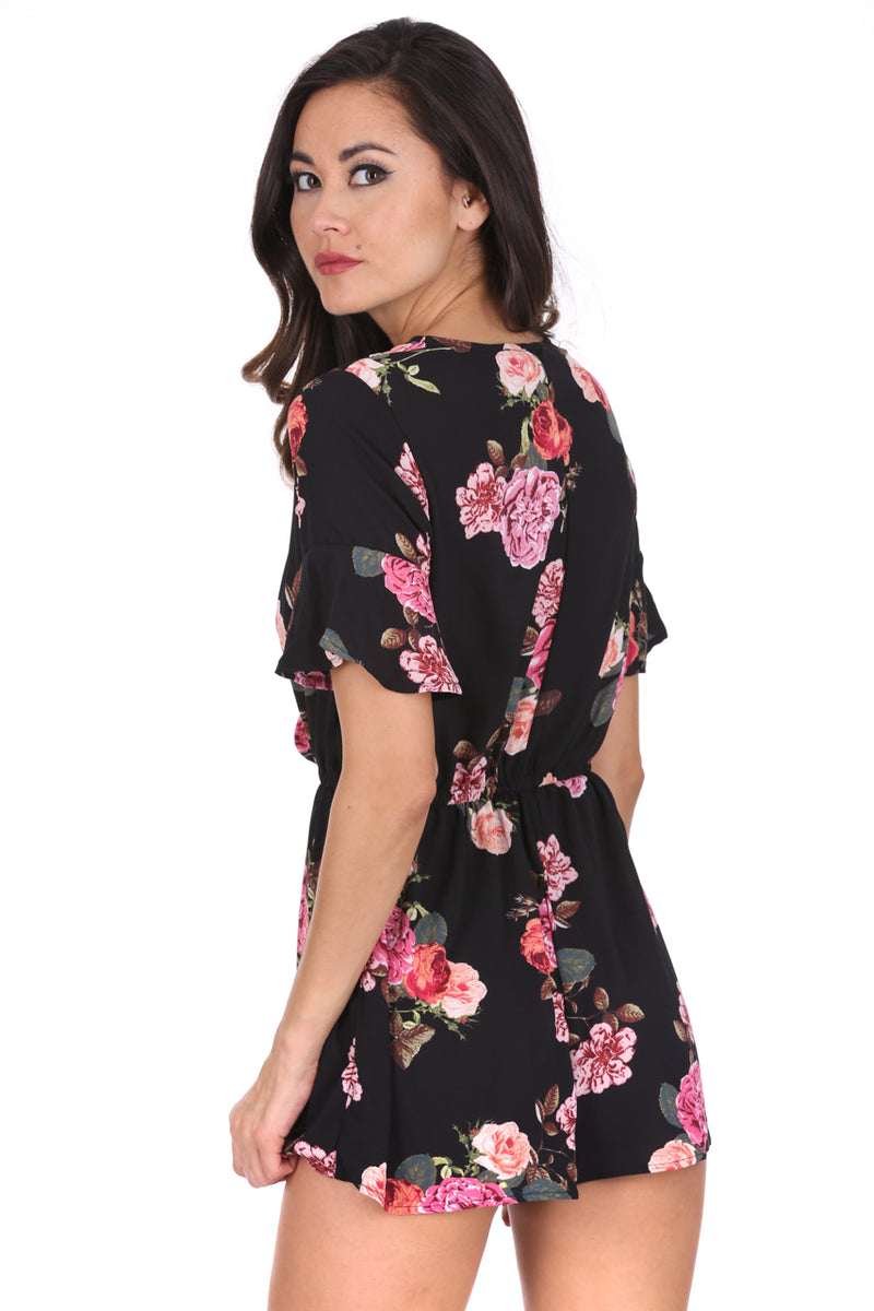 Black Floral V Neck Playsuit