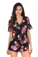 Black Floral V Neck Playsuit