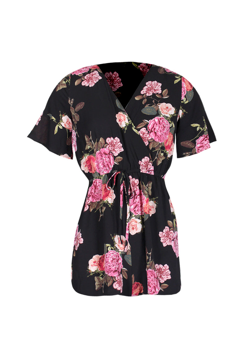 Black Floral V Neck Playsuit