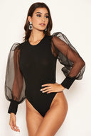 Black Mesh Puff Sleeve Bodysuit