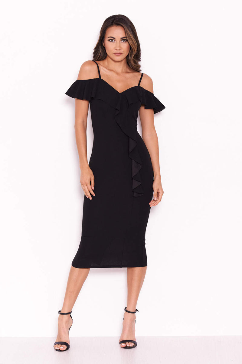 Black Midi Dress With Frill Detail