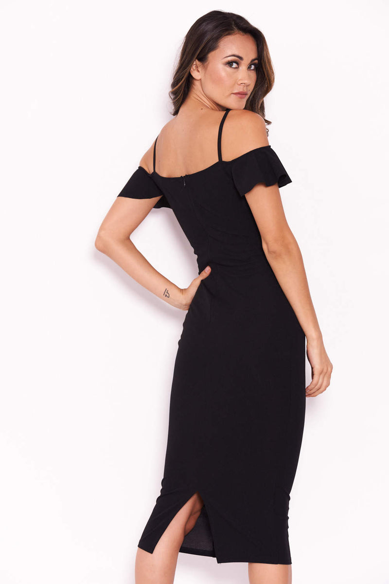 Black Midi Dress With Frill Detail