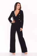 Black Military Wrap Style V Neck Jumpsuit