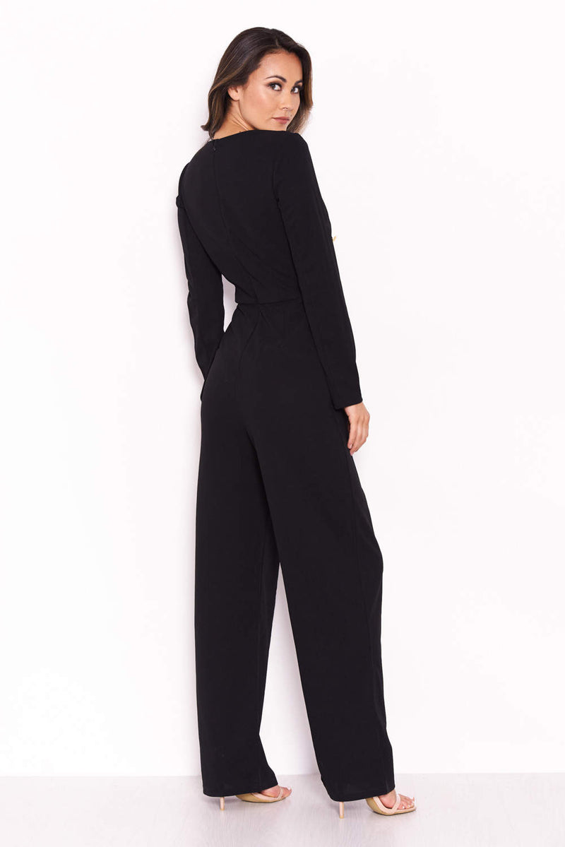 Black Military Wrap Style V Neck Jumpsuit