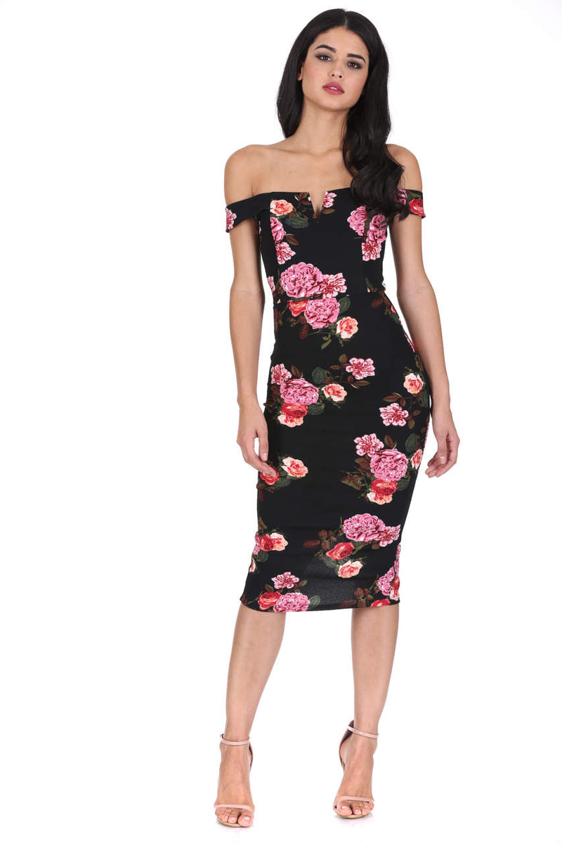 Black Notch Front Off The Shoulder Floral Midi Dress