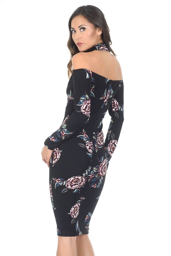 Black Off The Shoulder Floral Midi Bodycon Dress