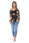 Black Off The Shoulder Floral Top With Elastic Shoulder Detail