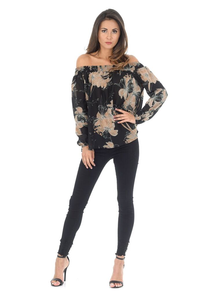 Black Off The Shoulder Print Contrast Top