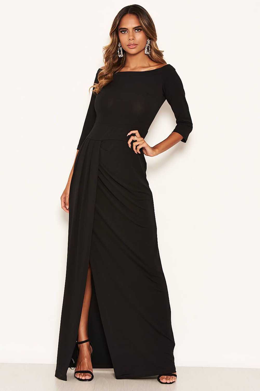 Black Maxi Dress | Black Off The Shoulder Slit Maxi Dress | AX Paris