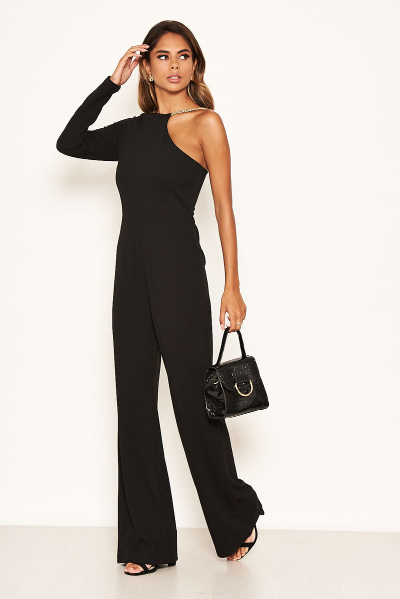 Black One Shoulder Jumpsuit With Chain Detail