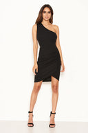 Black One Shoulder Mini Dress With Ruched Detail