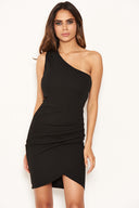 Black One Shoulder Mini Dress With Ruched Detail