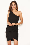 Black One Shoulder Mini Dress With Ruched Detail
