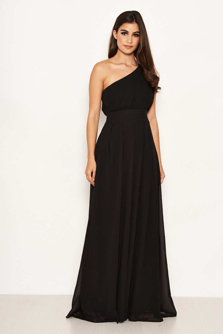 Black One Shoulder Pleated Maxi Dress