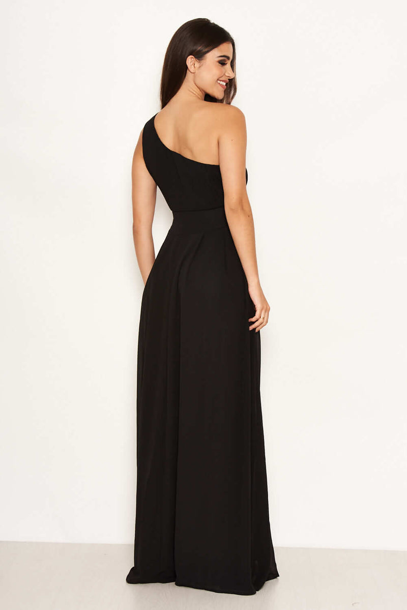 Black One Shoulder Pleated Maxi Dress
