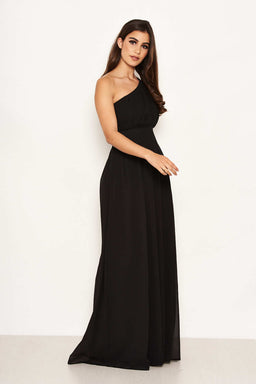 Black One Shoulder Pleated Maxi Dress