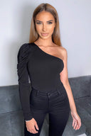 Black One Shoulder Puff Sleeve Bodysuit