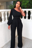 Black One Shoulder Split Sleeve Jumpsuit