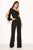 Black One Shoulder Split Sleeve Jumpsuit