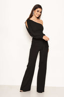 Black One Shoulder Split Sleeve Jumpsuit